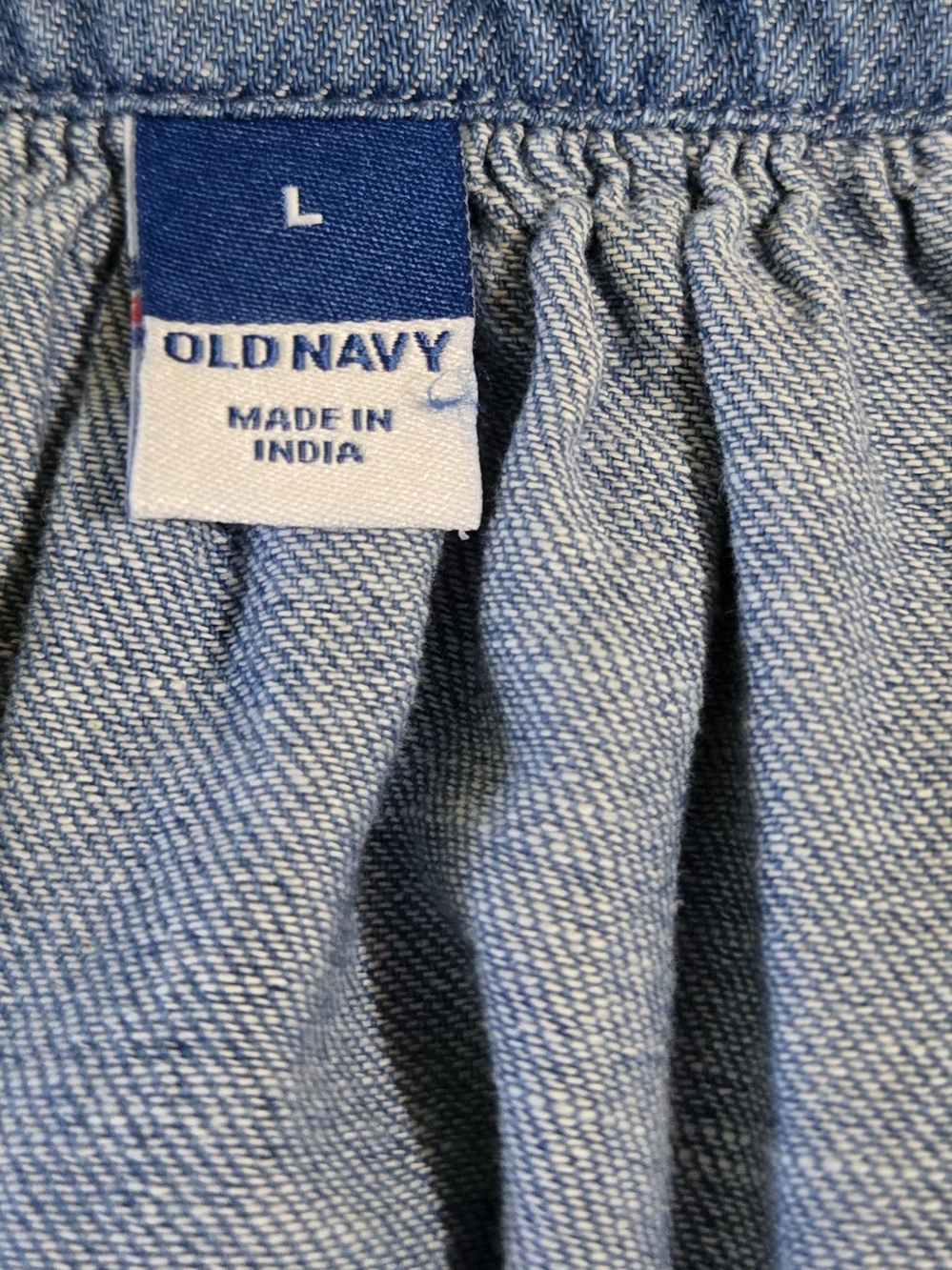 Old Navy Chambray Peasant Blouse Large 100% Cotton Balloon Sleeve Blue - Picture 4 of 6